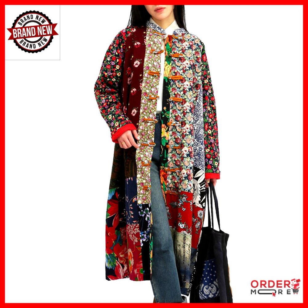 Oversized Cotton Linen Patchwork Jacket Raglan Sl… - image 1